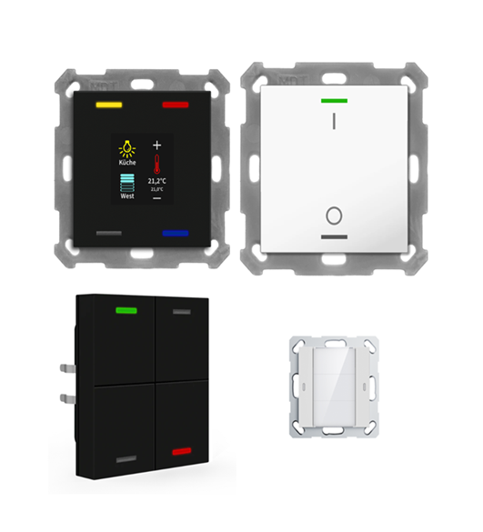 55 mm KNX Push Button Sensors and Multi‑functional Thermostats with glass touch buttons and built‑in temperature control.